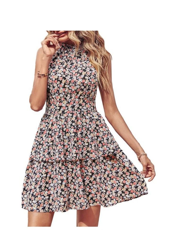 New Summer Neckless Backless Printed Sleeveless Dress