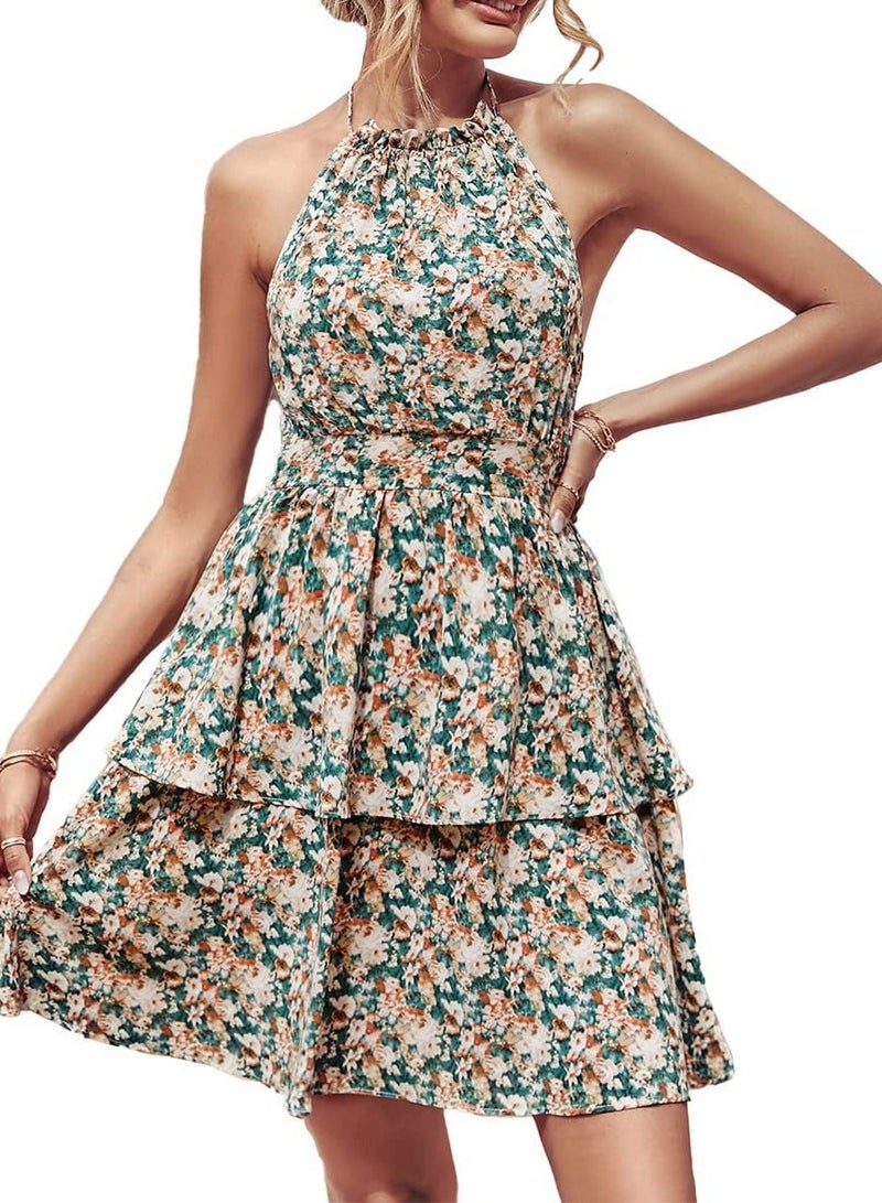 New Summer Neckless Backless Printed Sleeveless Dress