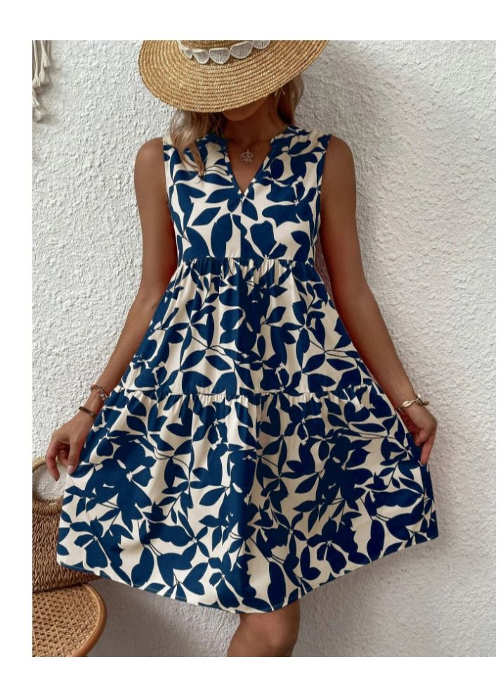 Fashion Loose V-Neck Pleated Print Dress