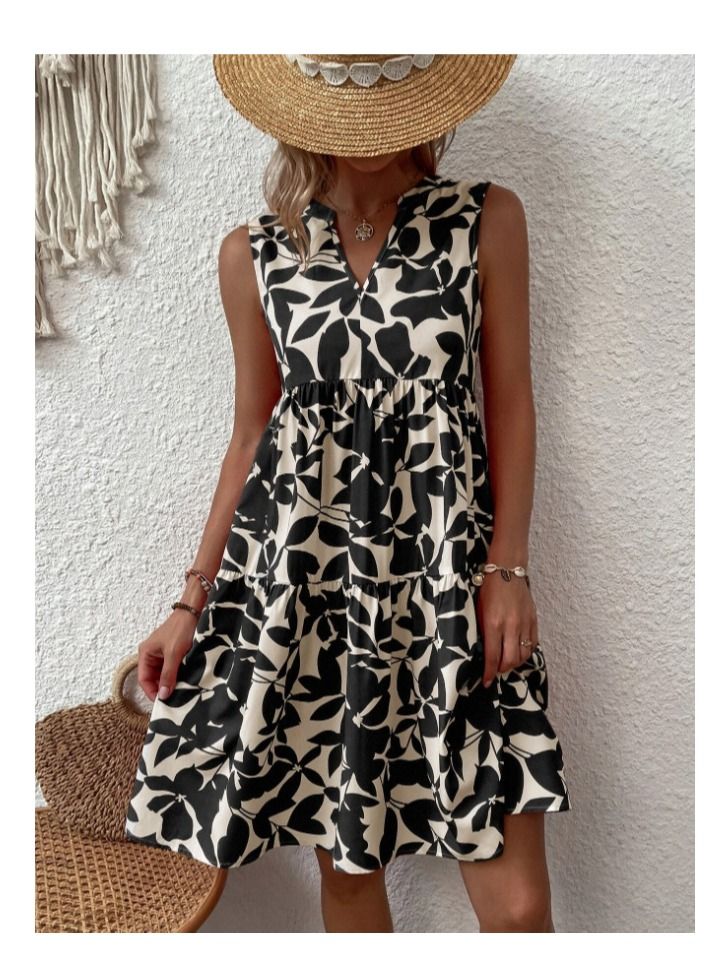 Fashion Loose V-Neck Pleated Print Dress