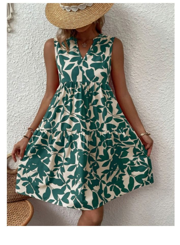 Fashion Loose V-Neck Pleated Print Dress