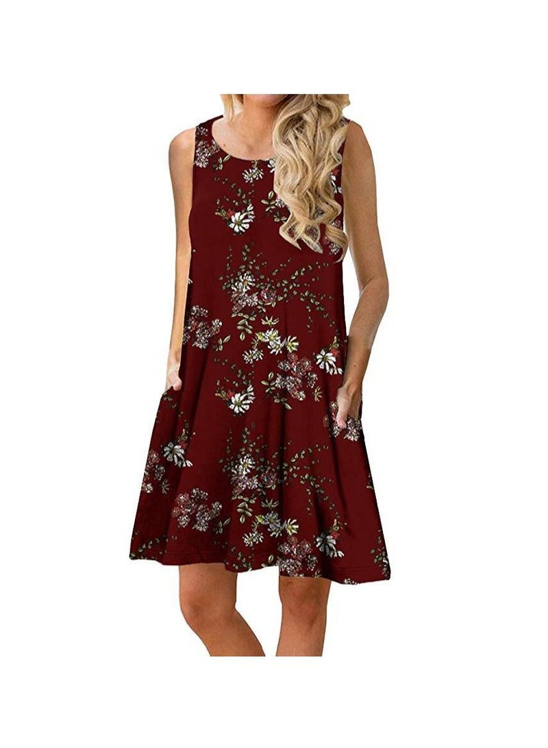 Women New Sleeveless Print Round Neck Vest Dress