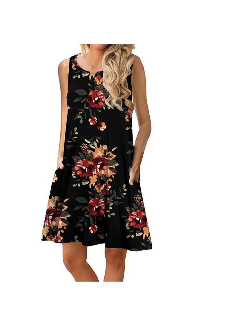 Women New Sleeveless Print Round Neck Vest Dress