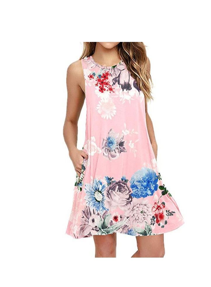 Women New Sleeveless Print Round Neck Vest Dress