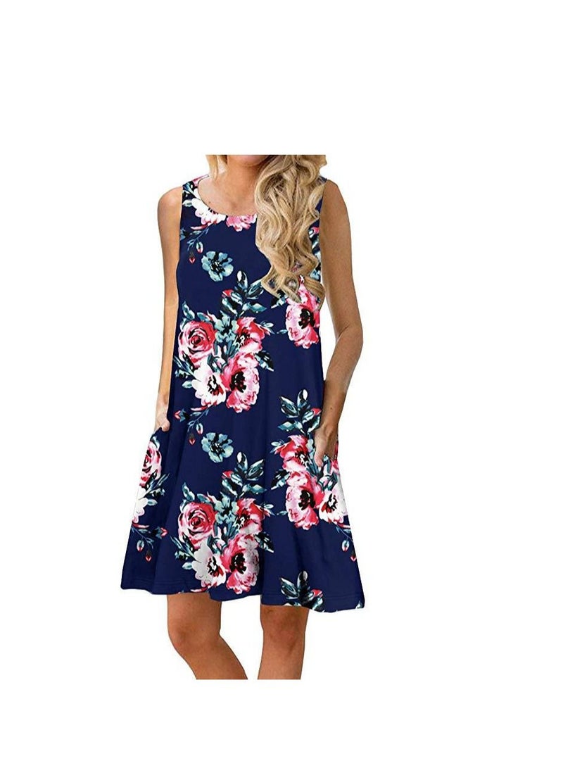 Women New Sleeveless Print Round Neck Vest Dress