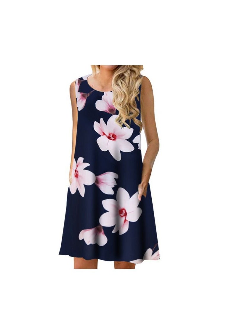 Women New Sleeveless Print Round Neck Vest Dress