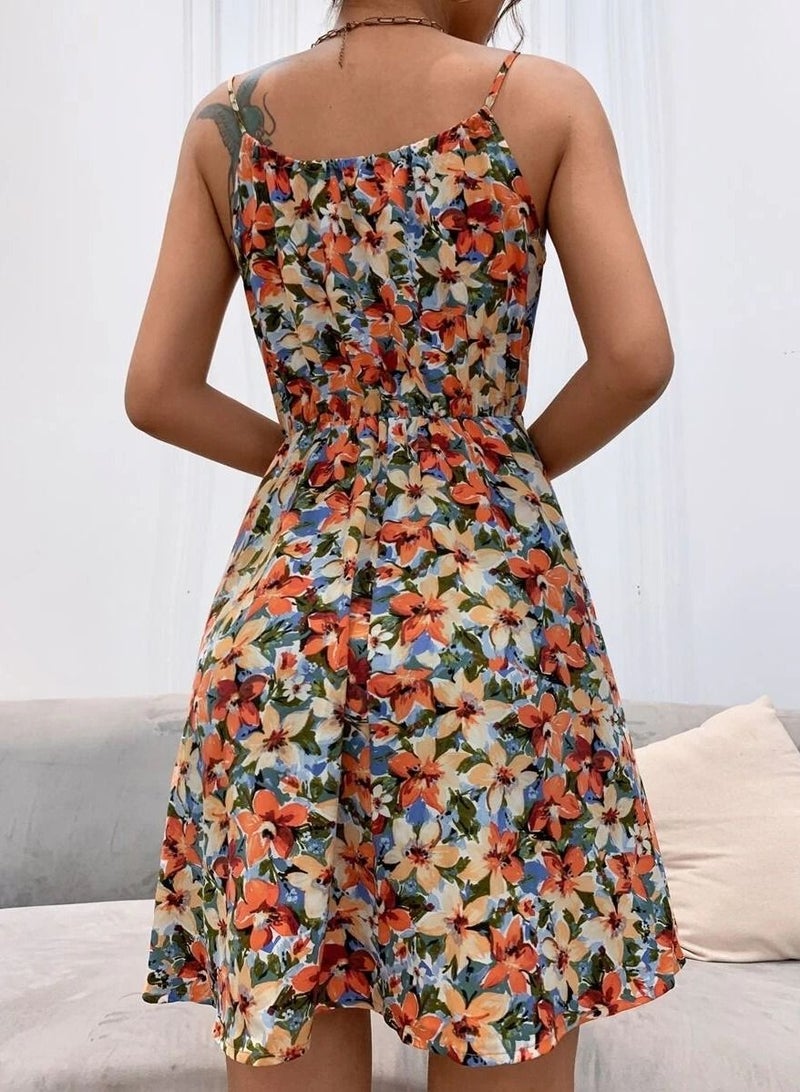 Summer's New Elegant Sleeveless Print Elastic Waist Halter Dress