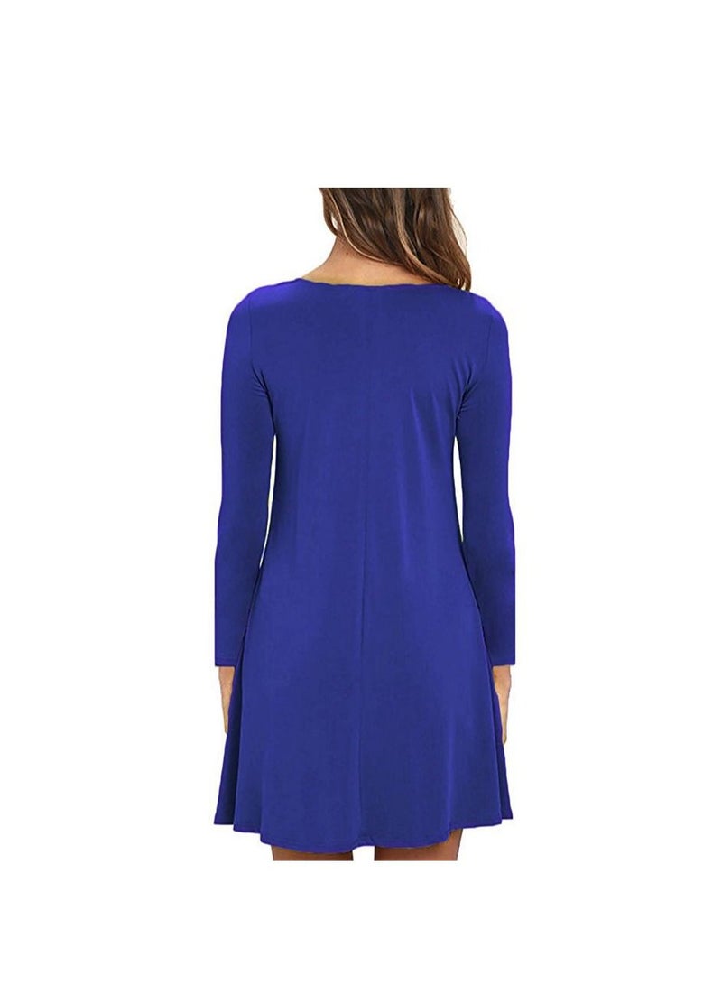 New Round Neck Solid Color Casual Simple Pocket Long Sleeve Dress