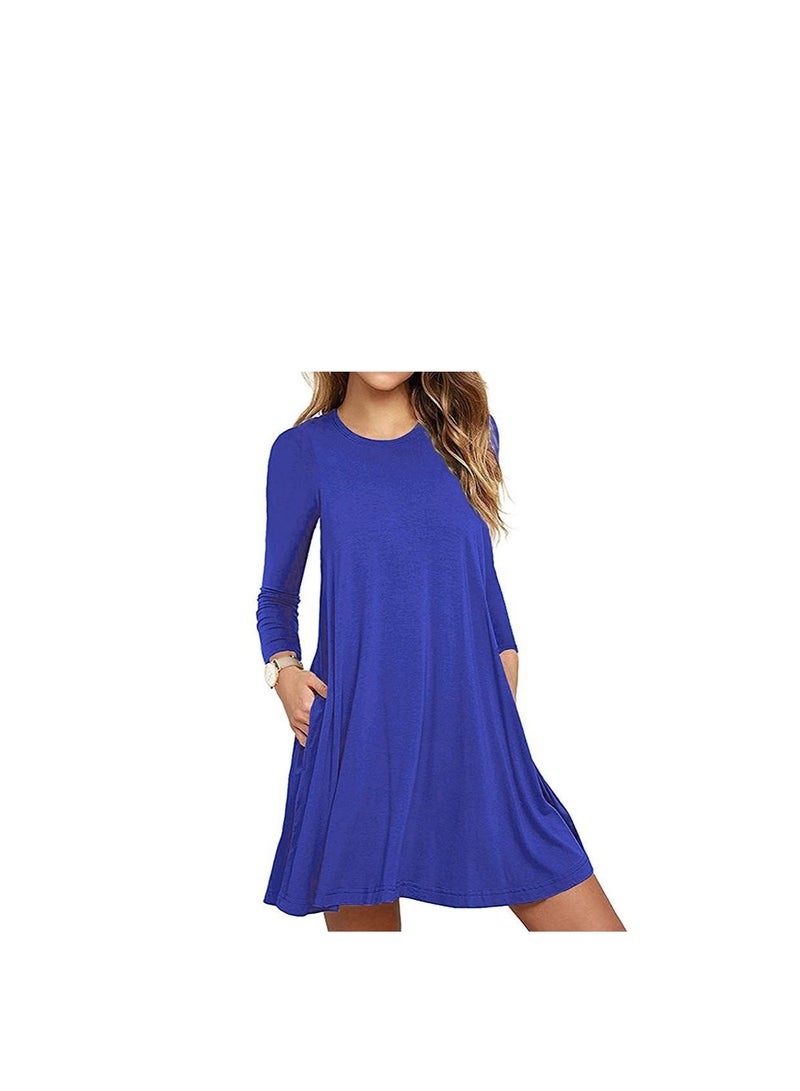 New Round Neck Solid Color Casual Simple Pocket Long Sleeve Dress