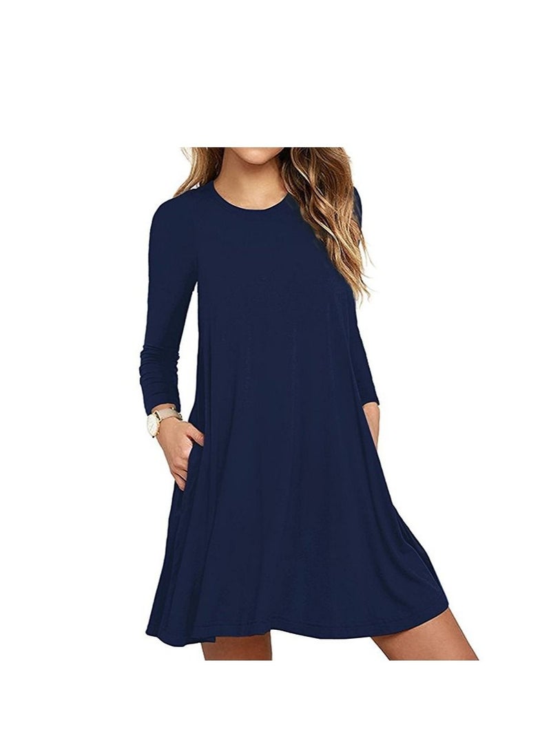 New Round Neck Solid Color Casual Simple Pocket Long Sleeve Dress