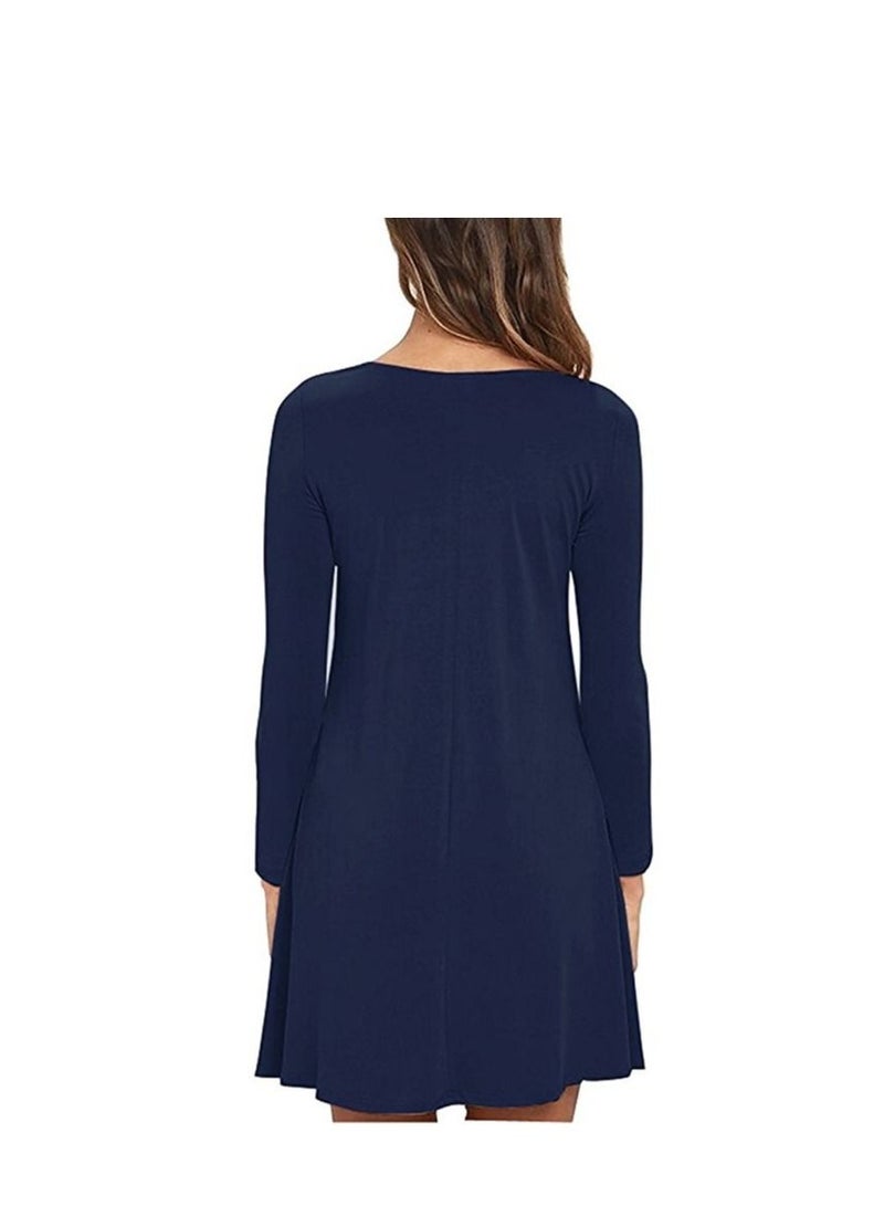 New Round Neck Solid Color Casual Simple Pocket Long Sleeve Dress