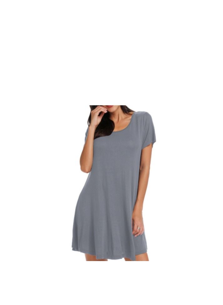 New Round Neck Solid Color Casual Simple Ppocket Short Sleeve Dress