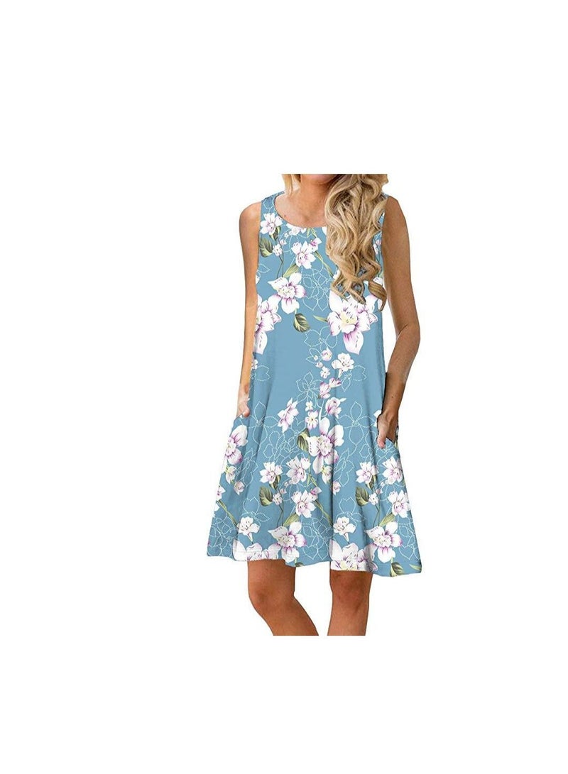 Women New Sleeveless Print Round Neck Vest Dress