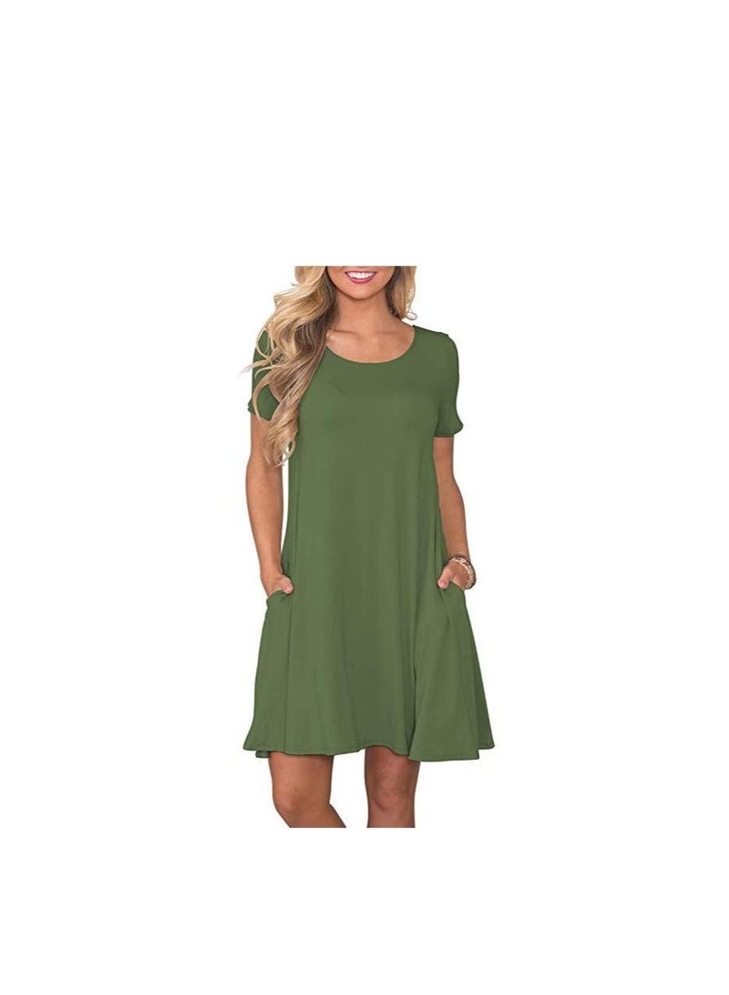 New Round Neck Solid Color Casual Simple Ppocket Short Sleeve Dress