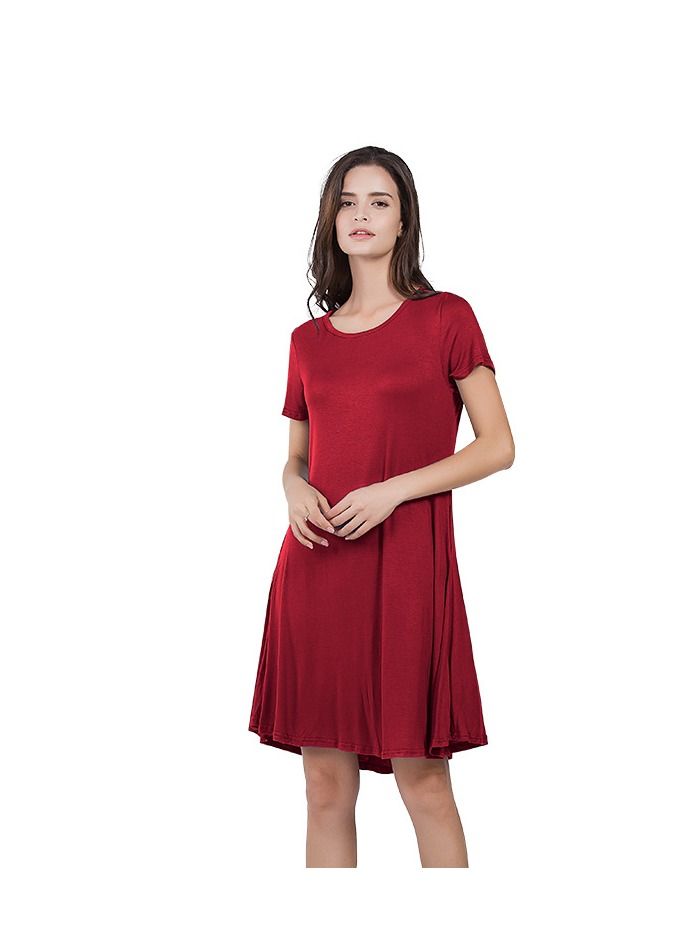 New Round Neck Solid Color Casual Simple Ppocket Short Sleeve Dress