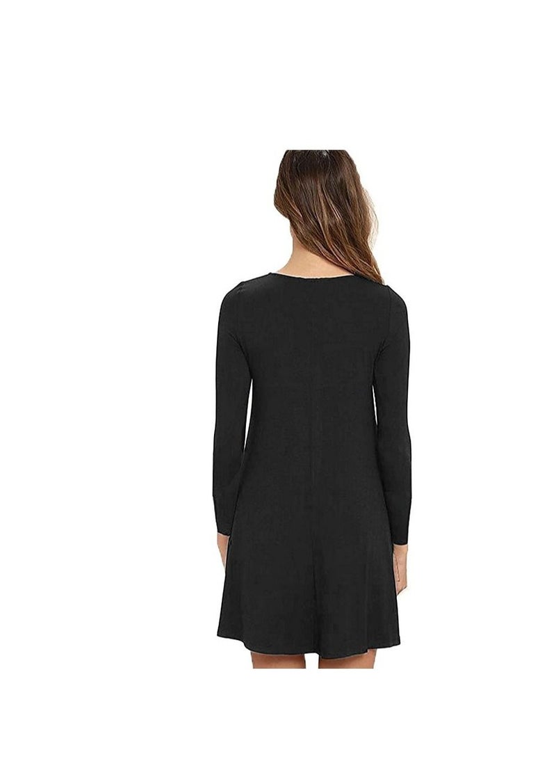 New Round Neck Solid Color Casual Simple Pocket Long Sleeve Dress