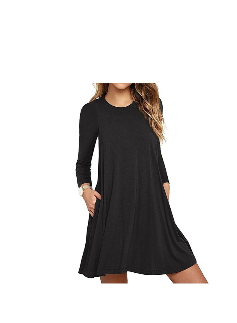 New Round Neck Solid Color Casual Simple Pocket Long Sleeve Dress