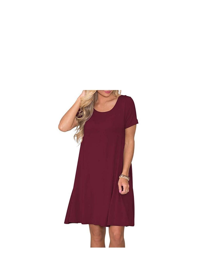 New Round Neck Solid Color Casual Simple Ppocket Short Sleeve Dress