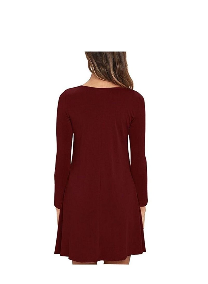 New Round Neck Solid Color Casual Simple Pocket Long Sleeve Dress