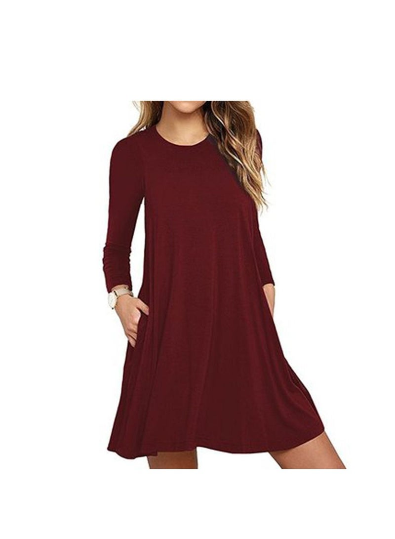 New Round Neck Solid Color Casual Simple Pocket Long Sleeve Dress