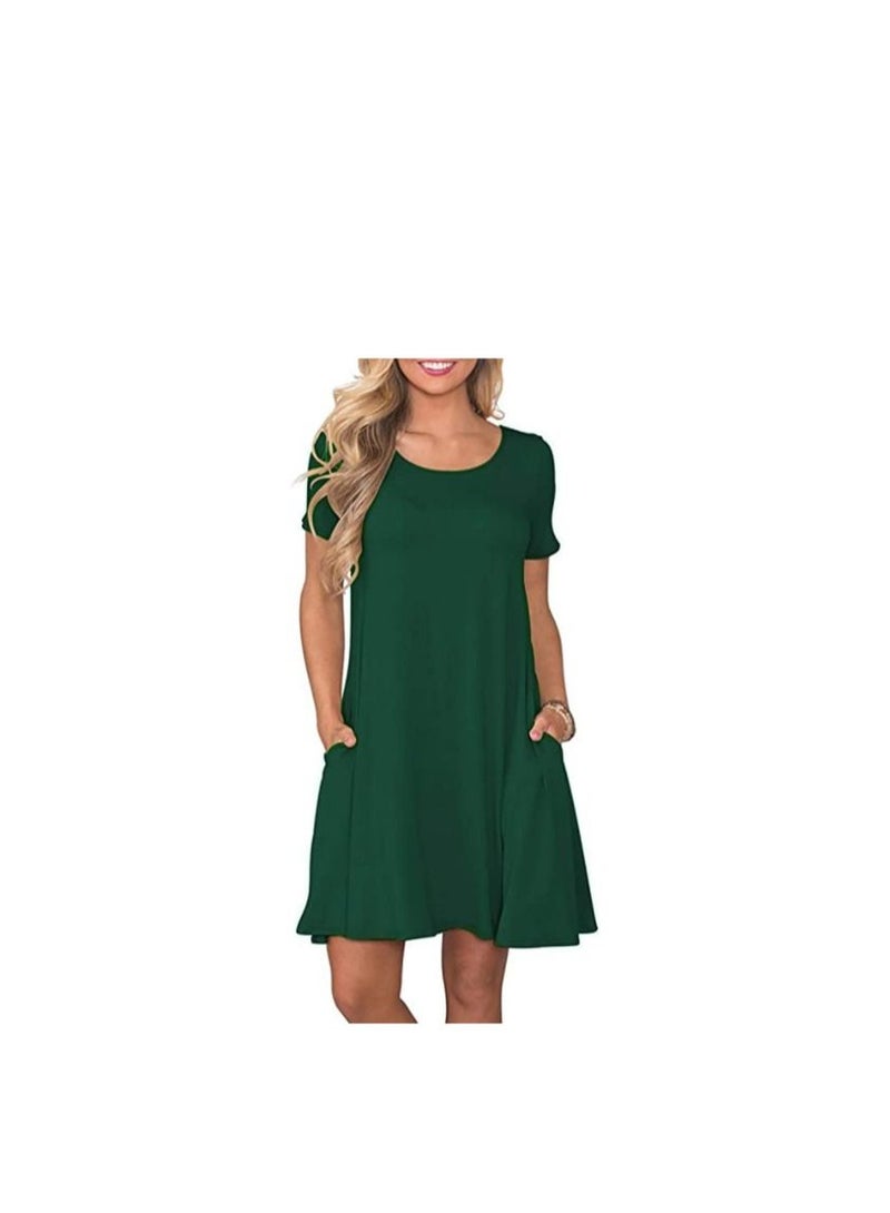 New Round Neck Solid Color Casual Simple Ppocket Short Sleeve Dress