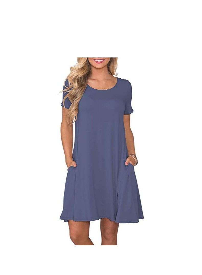 New Round Neck Solid Color Casual Simple Ppocket Short Sleeve Dress