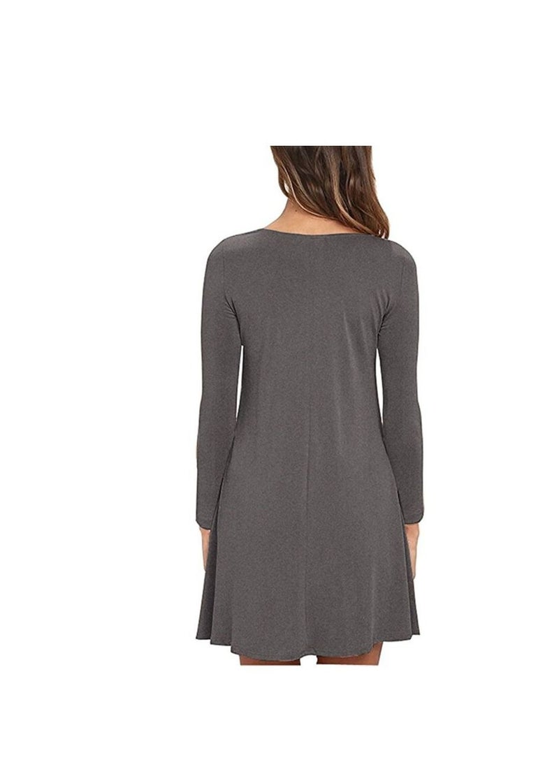 New Round Neck Solid Color Casual Simple Pocket Long Sleeve Dress