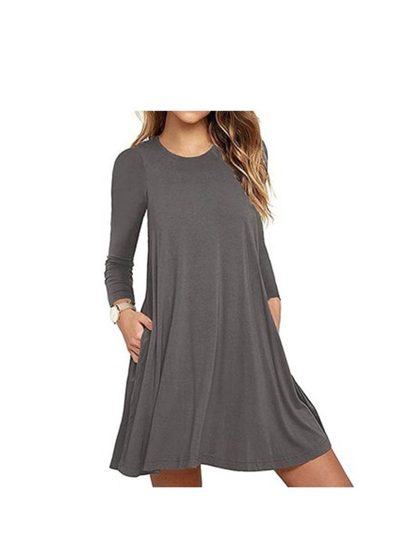 New Round Neck Solid Color Casual Simple Pocket Long Sleeve Dress