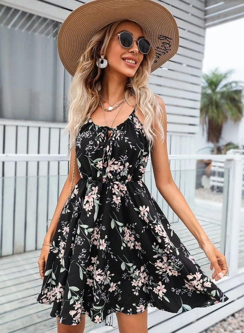 Summer's New Elegant Sleeveless Print Elastic Waist Halter Dress