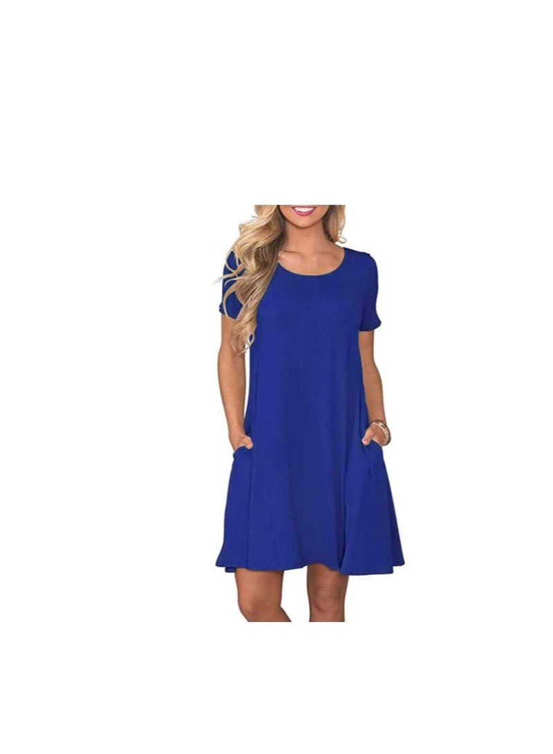 New Round Neck Solid Color Casual Simple Ppocket Short Sleeve Dress