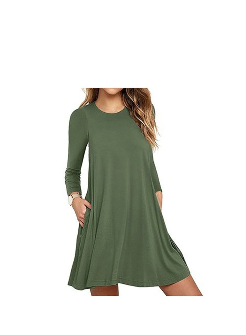 New Round Neck Solid Color Casual Simple Pocket Long Sleeve Dress