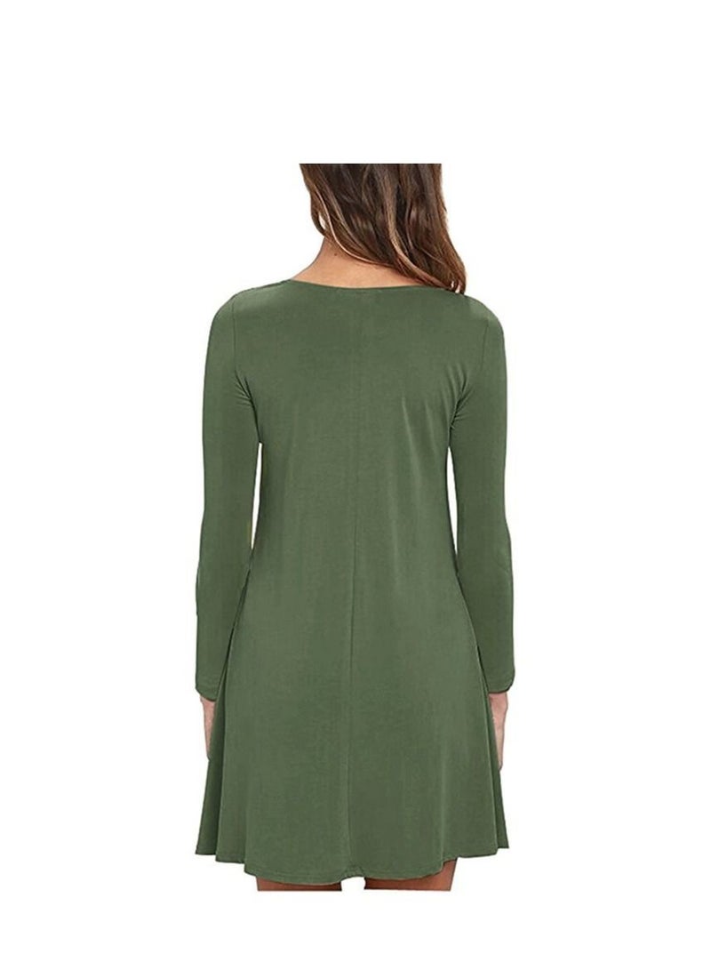 New Round Neck Solid Color Casual Simple Pocket Long Sleeve Dress