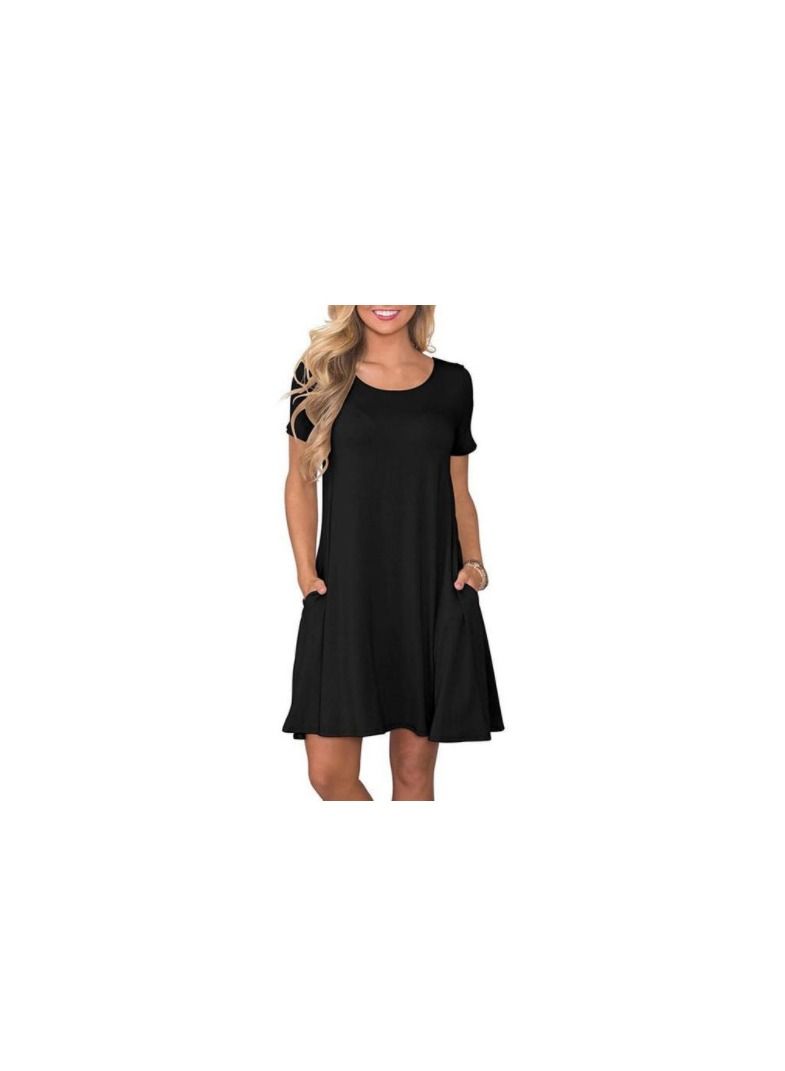 New Round Neck Solid Color Casual Simple Ppocket Short Sleeve Dress