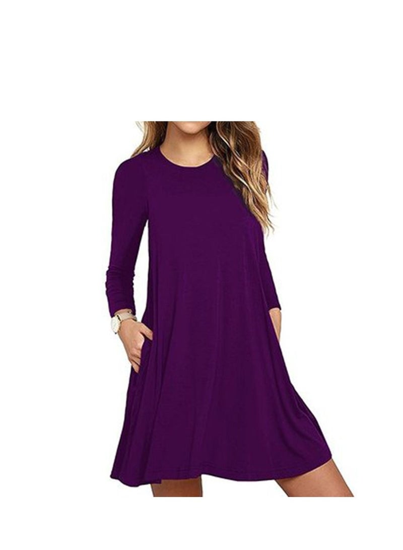 New Round Neck Solid Color Casual Simple Pocket Long Sleeve Dress