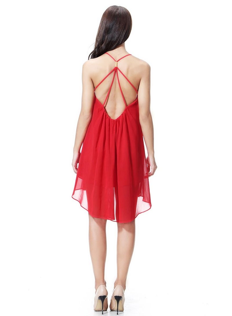 Women's Solid Color Chiffon Mini Slip Dress Red