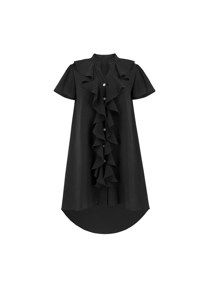 A Women's Dress With Ruffles And Open Buttons