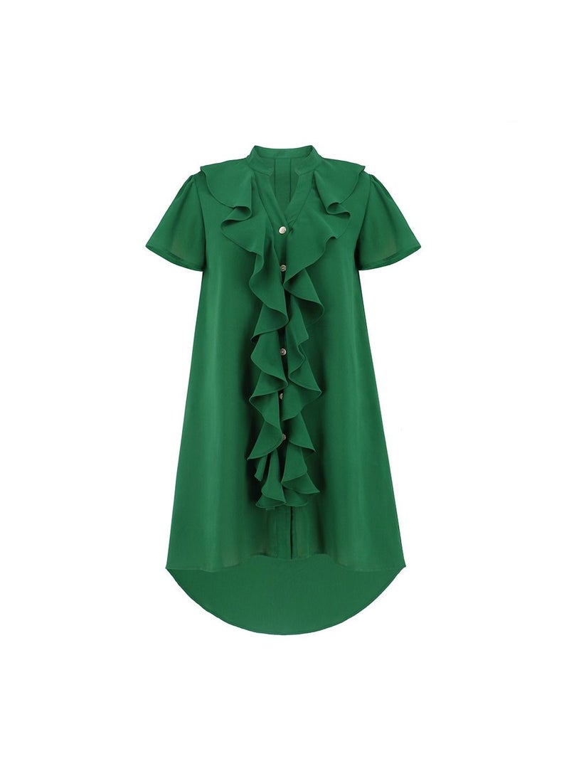 A Women's Dress With Ruffles And Open Buttons