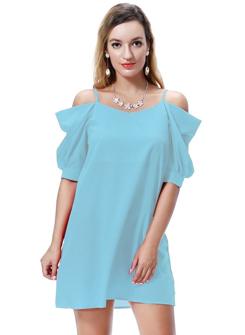 Women's Solid Color Off-Shoulder Mini Slip Dress Light Blue