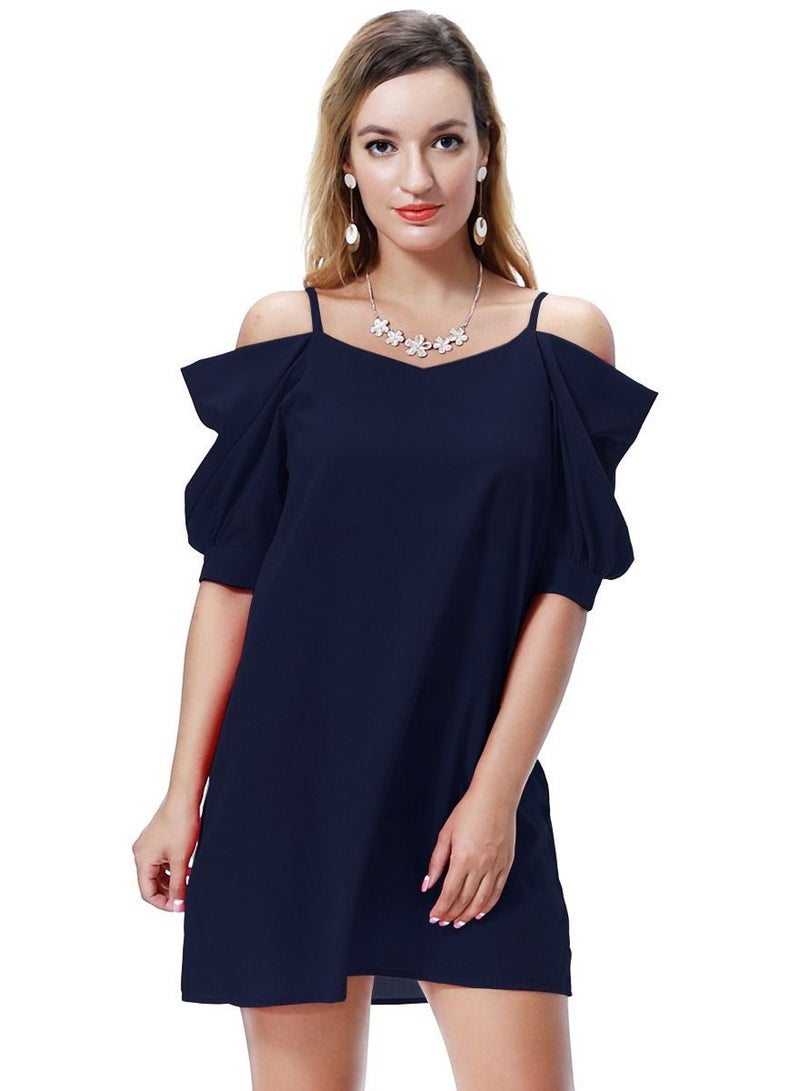 Women's Solid Color Off-Shoulder Mini Slip Dress Navy Blue