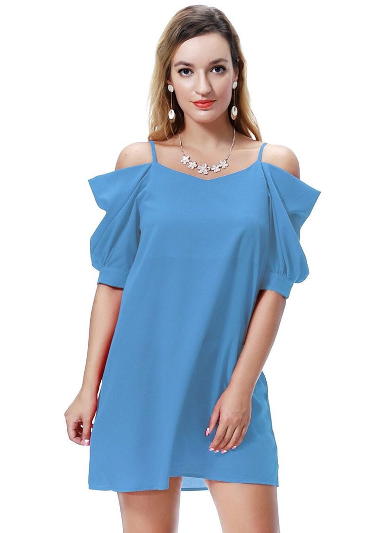 Women's Solid Color Off-Shoulder Mini Slip Dress Lake Blue