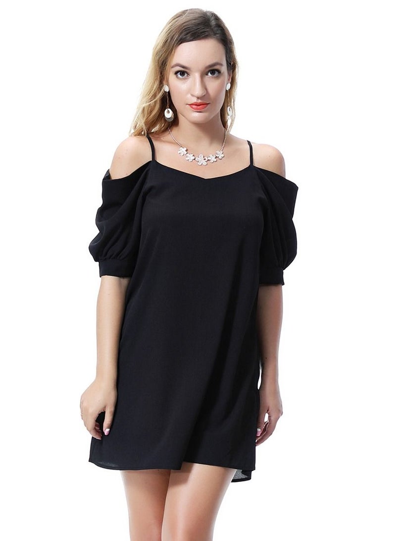 Women's Solid Color Off-Shoulder Mini Slip Dress Black