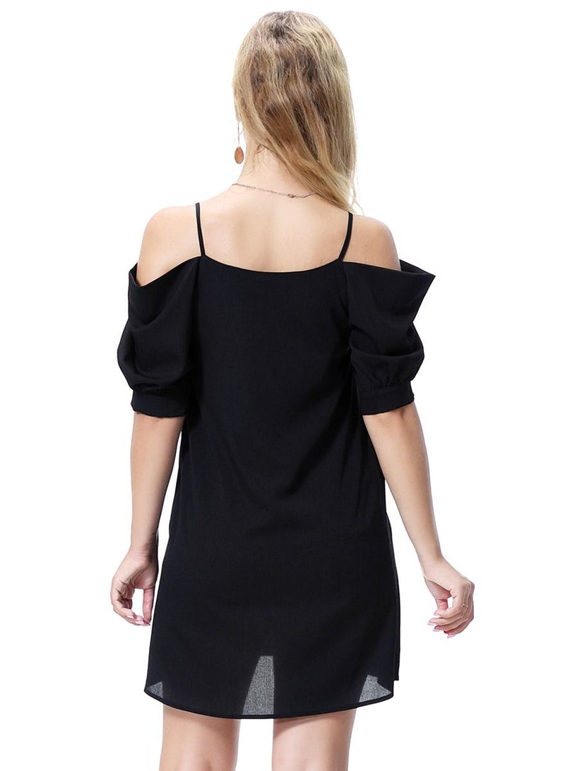 Women's Solid Color Off-Shoulder Mini Slip Dress Black