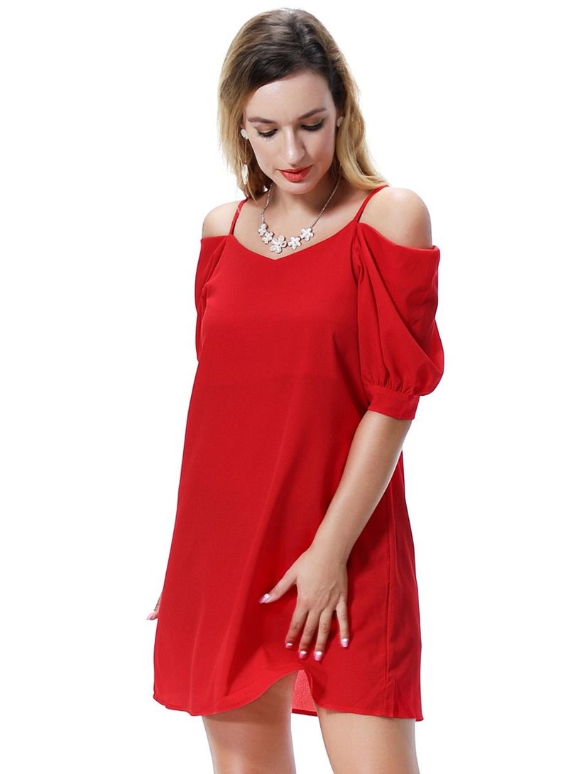 Women's Solid Color Off-Shoulder Mini Slip Dress Red