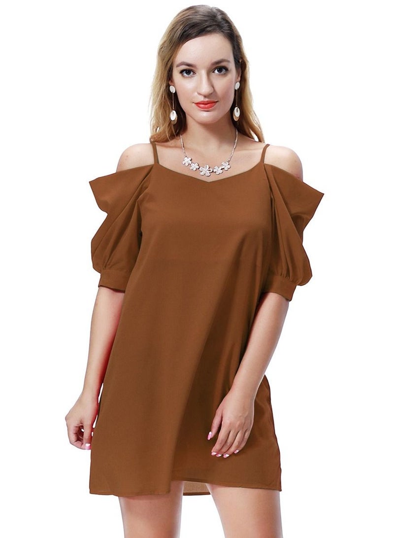 Women's Solid Color Off-Shoulder Mini Slip Dress Camel