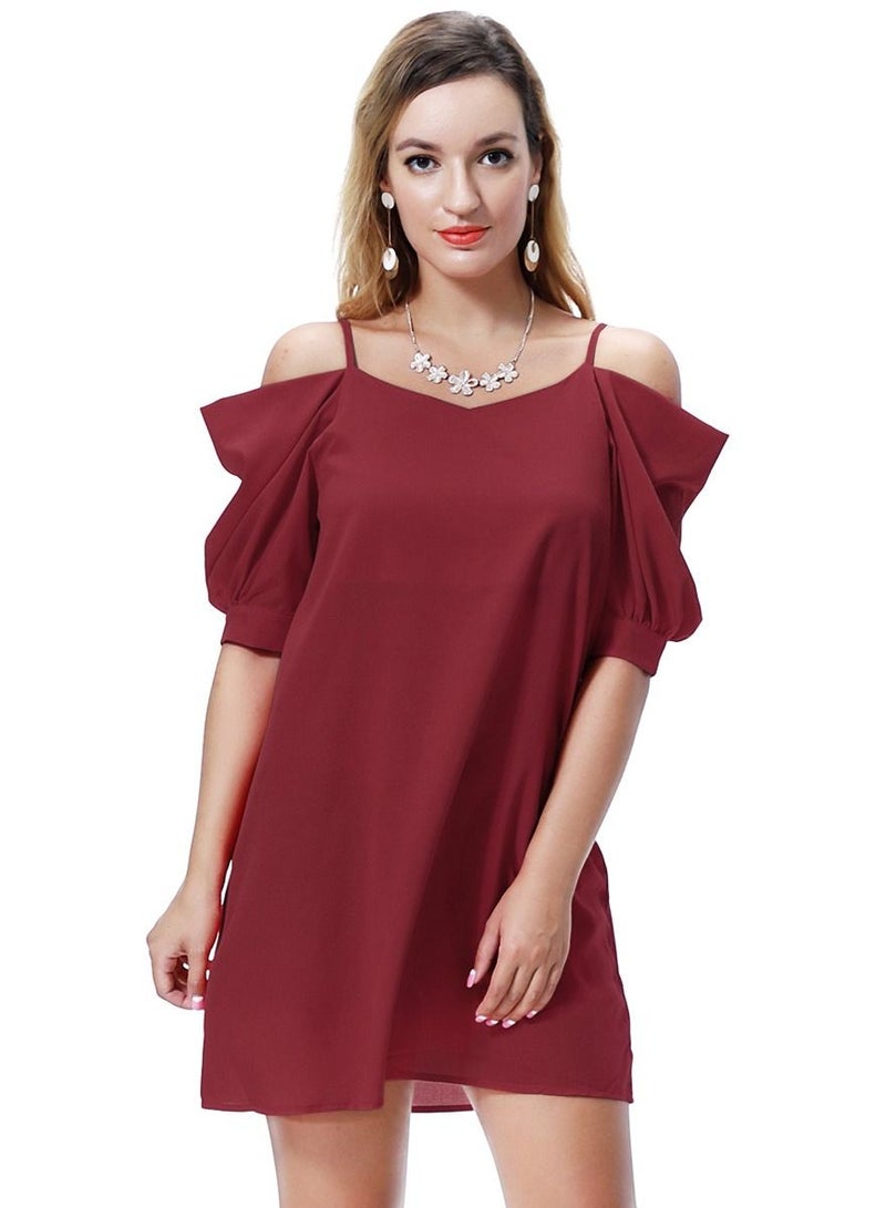 Women's Solid Color Off-Shoulder Mini Slip Dress Wine Red