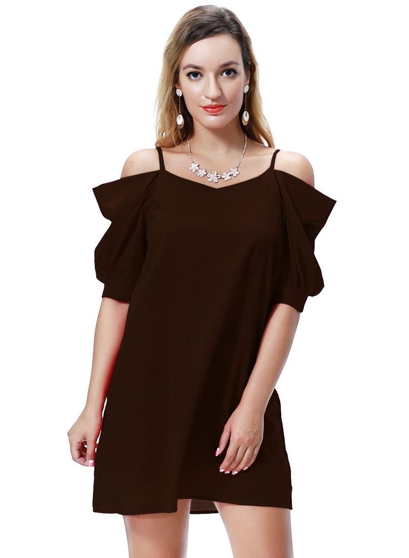 Women's Solid Color Off-Shoulder Mini Slip Dress Dark Brown