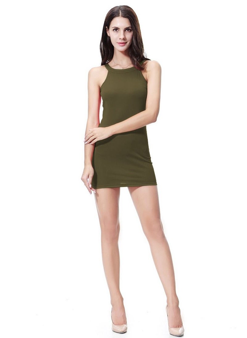 Women's Solid Color Round Neck Mini Dirndl Slip Dress Dark Army Green