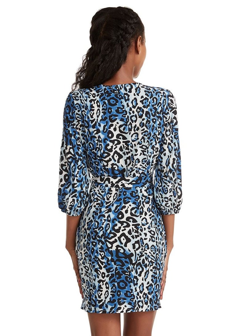 Women's Leopard Print Deep V Neck Mini Dress Blue/Black