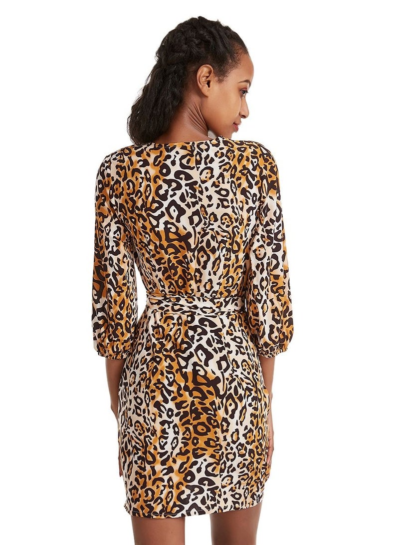 Women's Leopard Print Deep V Neck Mini Dress Yellow/Black