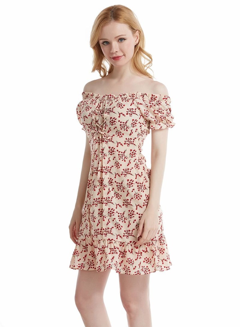 Women's Printed Round Neck Short Sleeve Ruffle Mini Dress Beige/Red